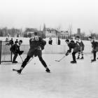 Hockey action ca. 1937 or 38 at the rink near Dean Eaton Residence.
