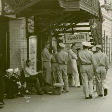 Soldiers and sailors outside the Stage Door Canteen in New York City.