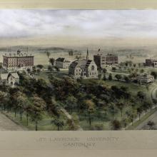 An aerial panorama of the SLU campus drawn and hand-colored by Richard Rummell around 1909.