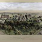 An aerial panorama of the SLU campus drawn and hand-colored by Richard Rummell around 1909.